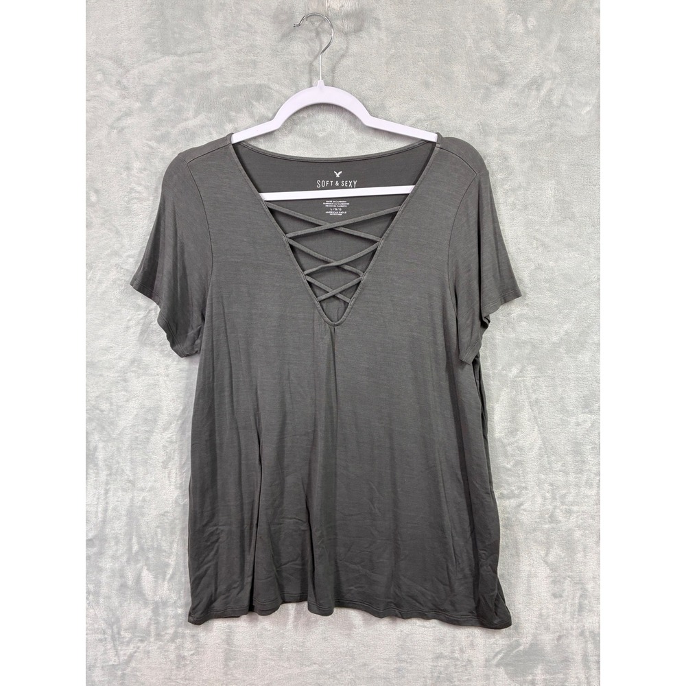 American Eagle Soft & Sexy Charcoal Gray Strappy V-Neck T-Shirt Large L